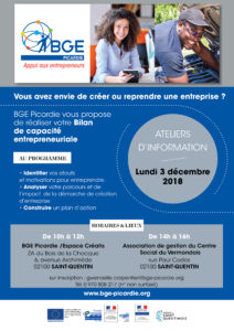 Affiche ateliers d'information bilan de capacité entrepreneuriale le 3 décembre à Saint-Quentin